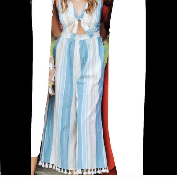 Striped Blue and White Jumpsuit - Picture 1 of 7